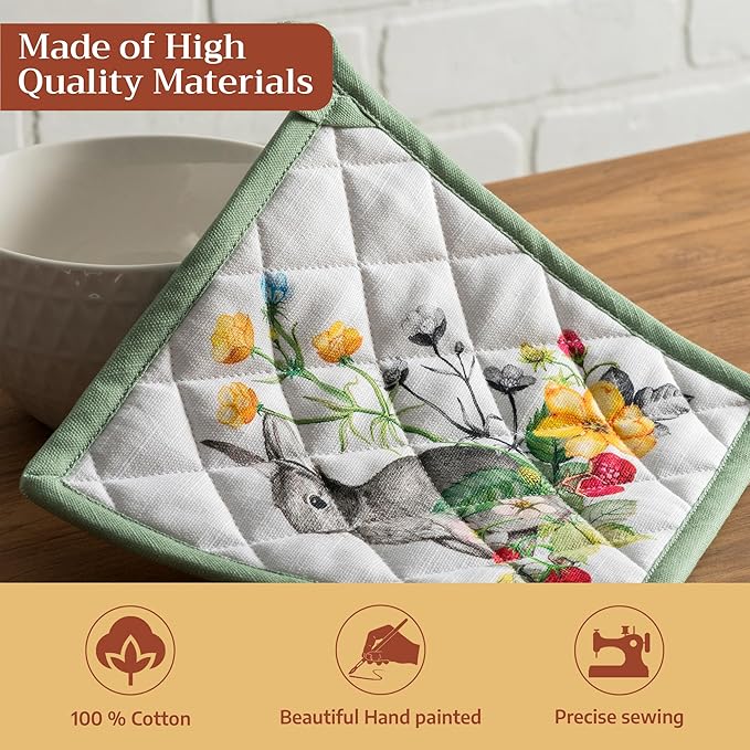 Maison d' Hermine Pot Holders 100% Cotton Heat Resistant Potholders 8" x 8" Hot Pads with Loop BBQ Cooking Baking Gifts for Mothers Day Handling Hot Pans Spring/Summer (Pack of 1, Printemps)