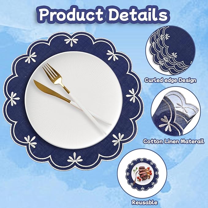SK Studio Set of 6 Cotton Linen Placemats, 15x15 Round Scalloped Cloth Table Mats, Embroidery Double Layered Washable Dining Placemat for Hotel Restaurant Kitchen, Navy Blue