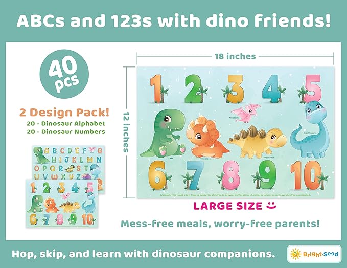 Bright Seed Disposable Placemats for Baby, Toddlers and Kids, 40 Disposable Baby Placemats for Restaurant, Dining Table & Travel, Learning Placemats for Kids, Toddler Travel, Dinosaurs ABC & Numbers