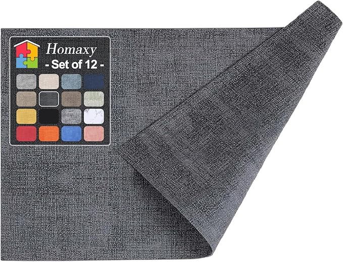 Homaxy Faux Leather Heat Resistant Placemats for Dining Table Set of 12, Waterproof Wipeable Washable PU Table Mats, Easy to Clean Anti-Slip Place Mats, 11.8" x 17", Dark Grey