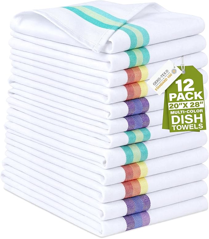 Harringdons 100% Cotton Kitchen Towels - 12 Pack of Highly Absorbent Dish Towels for Kitchen with Hanging Loop - Large 20"x28" Washable Towels - Assorted Colors