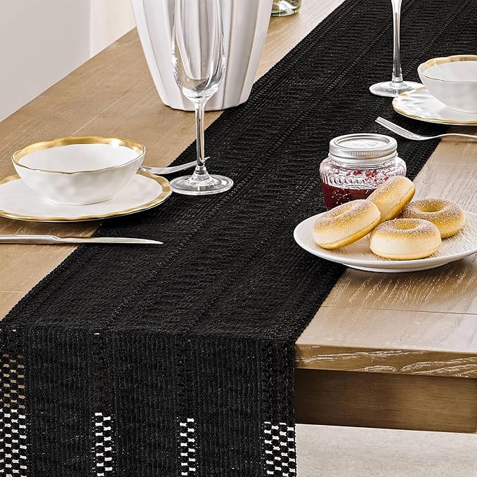 ZeeMart Macrame Style Boho Table Runner, Black Table Runners 36 Inches Long, Farmhouse Woven Home Decor, 12x36 Inch, Black