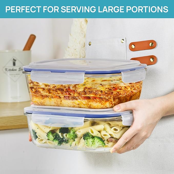 Vtopmart 2Pack 2260ml/ 76.4oz Large Glass Storage Containers with Lids, Meal Prep Food Container Set with Snap Airtight Lid for Baking, Microwave, Oven, Leak Proof, for Freezer, Dishwasher, Blue