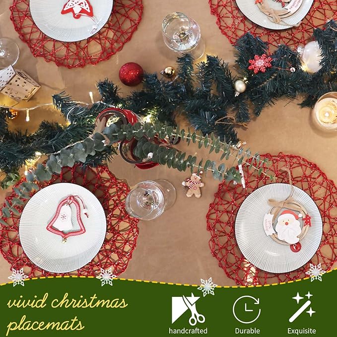 AHHFSMEI Paper Braided Round Placemats Set of 12 Natural Non-Slip Heat Resistant Table Mats for Dining Tables Woven Indoor & Outdoor Place mats (Red)