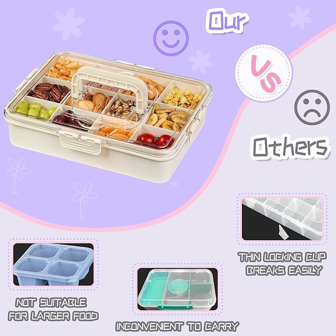 Xyptorix Snack Box Container for Kids - Adjustable 12-Compartment Snack Containers, Reusable Bento Box, Dishwasher Safe, BPA-Free, Perfect for School, Travel, Camping & Picnic, Ivory White, Large