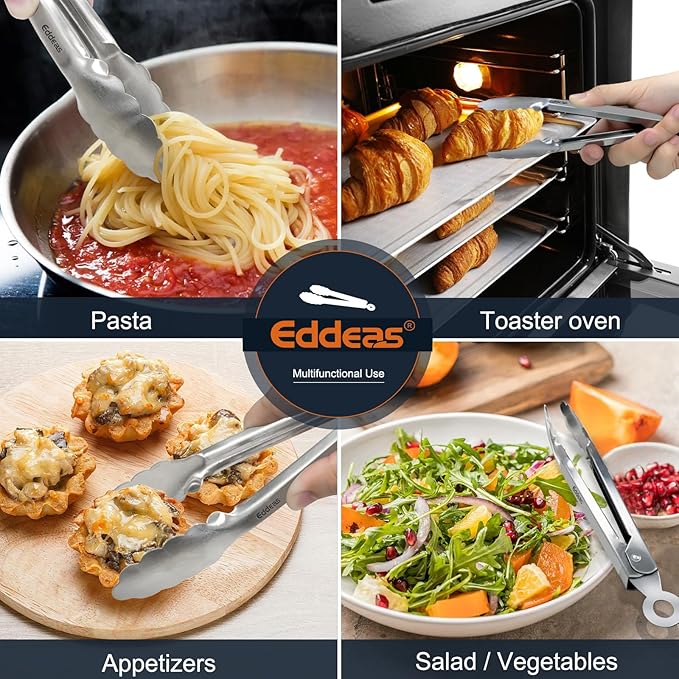 Eddeas 2 Pcs 7 Inch Small Tongs, Heavy Duty Stainless Steel Kitchen Tongs, For Cooking, Food, Buffet, Salad, Fruits, Bread, Dishwasher Safe