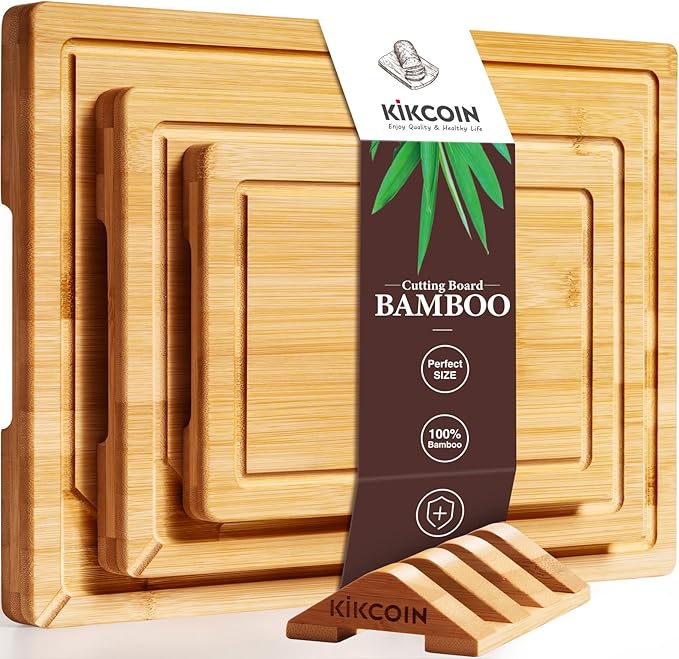Kikcoin Over Sink Bamboo Cutting Boards for Kitchen - 3+1 Piece Self-Draining Healthy Wood Cutting Board Set with Built in Handle& Spout, Charcuterie& Meat Extra Large Butcher Chopping Boards, Natural
