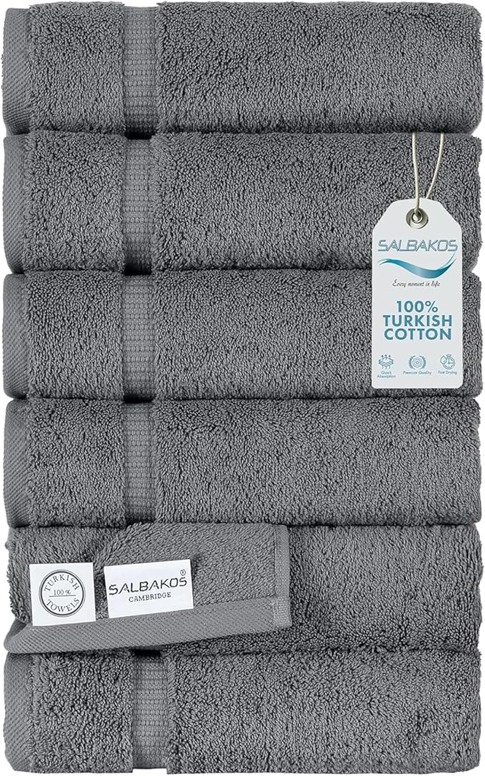SALBAKOS 100% Turkish Cotton Hand Towels Set 6-Piece Gray 16x30 in | Luxury Premium Quality Thick Super Absorbent Turkish Hand Towel for Bathroom & Kitchen | Made in Turkey (Gray, 6 Hand Towels)
