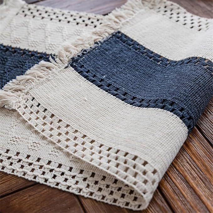 Alynsehom Macrame Table Runner Cream Beige and Blue Boho Table Runners with Tassels Hand Woven Cotton Table Runner Rustic Farmhouse Table Runners for Bohemian Kitchen Dining Table(12x95in)