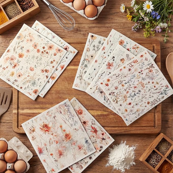 Tegeme 8 Pcs Watercolor Floral Swedish Dishcloth Kitchen Spring Flower Dish Towels Swedish Dish Cloth Absorbent Cotton Reusable Cleaning Kitchen Towels for Summer Housewarming Gift, 6.8 x 7.7''