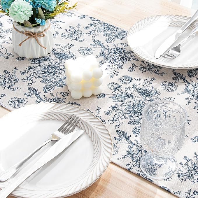 Blue Floral Linen Table Runner - 14 x 108 Inch - French Country Linen Table Runners 108 Inches Long for Holiday Kitchen Dining Wedding Home Party Decoraion,Vintage Flower