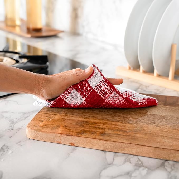 Blue Needles Set of 8 Waffle Weave Check Plaid Dish Cloths, 12x12 Inches 100% Cotton Dish Towels for Kitchen, Ultra Soft & Absorbent Kitchen Towels for Quick Drying Spring Summer - Burgundy & White