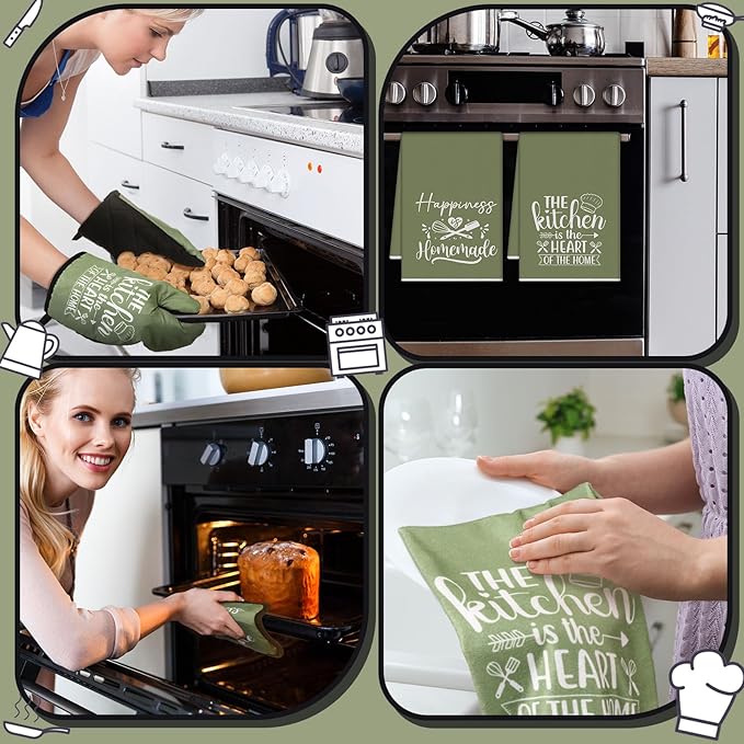 Sratte 6 Pcs Kitchen Decor Accessories Set Farmhouse Towels Pot Holders Oven Mitts Set 2 Dish Towels 2 Potholders 2 Cooking Mittens Oven Glove for Christmas Baking Cooking Supply(Green,Kitchen)