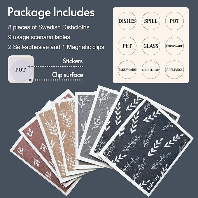Eulnars Swedish Dishcloths, 8 Pack Reusable Paper Towels with Clips, Quick Drying Dish Towels, Super Absorbent Cellulose Sponge Cloths, No Odor, Kitchen Cleaning Essentials