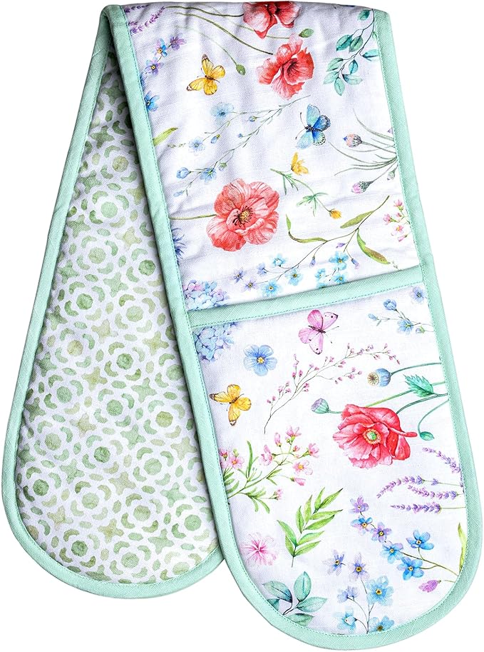Maison d' Hermine Double Oven Mitts 100% Cotton 7"x35" Double Oven Mitt Heat Resistant BBQ Cooking Gloves with Loop Baking Grilling Gifts for Mothers Day Spring Summer (Just Floral)