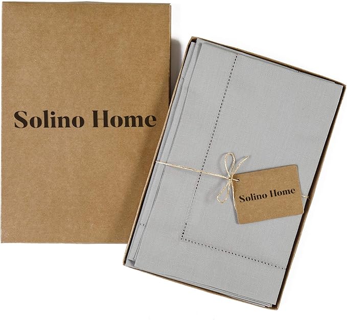 Solino Home Light Grey Napkins Set of 4 - Cotton Linen Hemstitch Dinner Napkins Cloth 20 x 20 Inch for Spring, Summer, Mothers Day - Handcrafted and Machine Washable