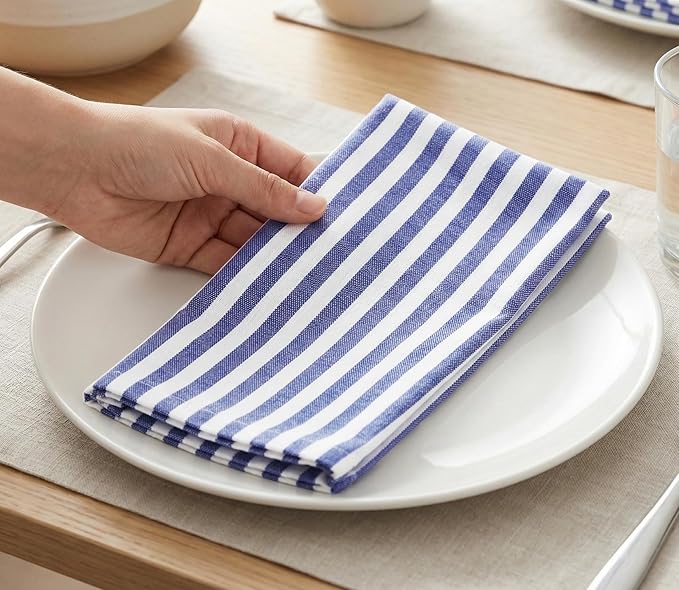 PurpleEssences Plain Striped Cloth Napkins - Set of 12-100% Cotton - 18 x 18 Inch - Spring Easter Summer and Perfect Everyday Use Dinner Napkin - Blue and White