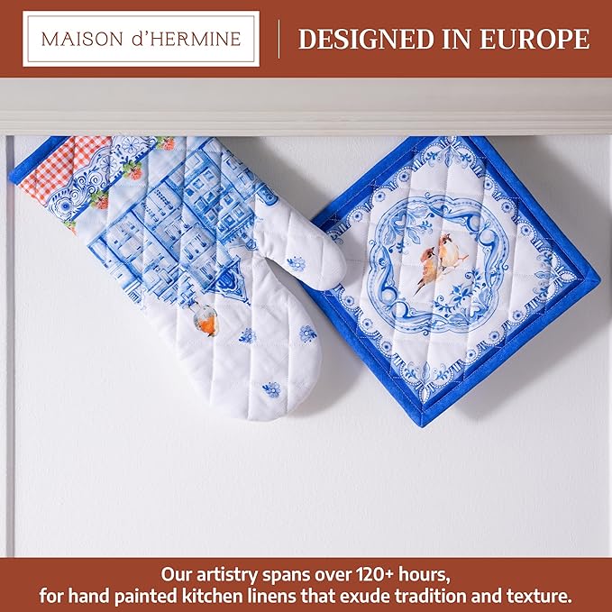 Maison d' Hermine 100% Cotton Oven Mitt & Pot Holder Set (7.5"x13" & 8"x8") Heat Resistant Cooking Gloves with Loop Baking Grilling Kitchen Gifts for Mothers Day Spring/Summer (Amsterdam Canals)