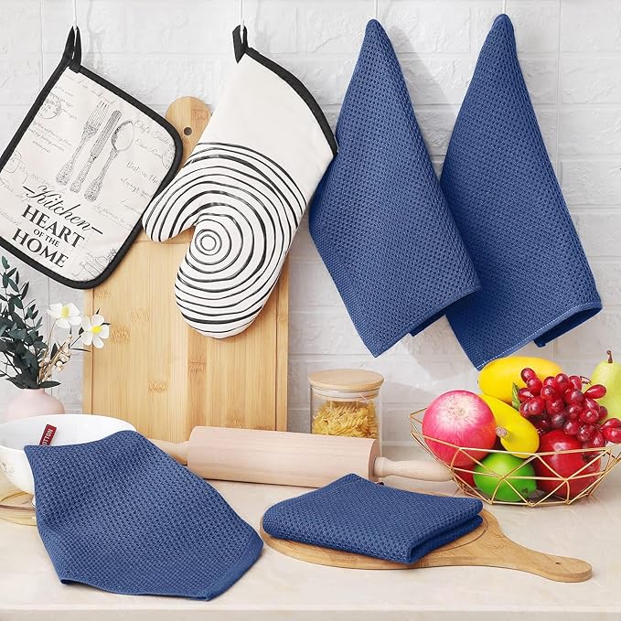 Homaxy 100% Cotton Waffle Weave Kitchen Dish Cloths, 7-Pack Ultra Soft Absorbent Dish Towels, Quick Drying Dish Rags, 12 x 12 Inches, Navy Blue