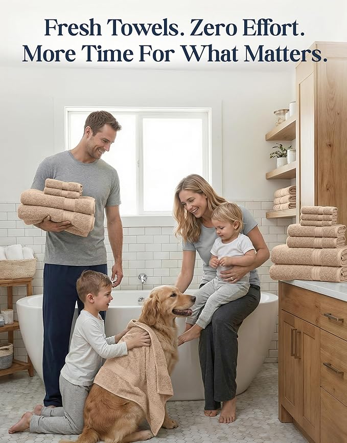 Lane Linen 100% Cotton Towel Set for Bathroom - 24 PCs - Durable, Soft, Quick Dry & Absorbent Towels - 2 Bath Sheet, 4 Fingertip, 8 Washcloths, 4 Bath & 6 Hand Towels for Bathroom - Family Set - Beige