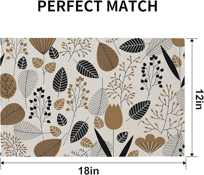 QIYI Boho Placemats Set of 4, 12x18 Inch Linen Fabric Place Mats for Kitchen Dinning, Farmhouse Rustic Graphic Leaves Cloth Table Mats, Brown Washable Placemat Party Table Décor, Botanical Line Art
