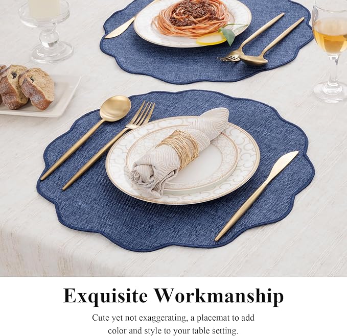 SHACOS Scalloped Round Placemats Set of 6 Polyester Linen Blend 15 inch Washable Non Slip Place Mats Easy Clean Heat Resistant Table Mats for Kitchen Dining Table Decor, Navy Blue