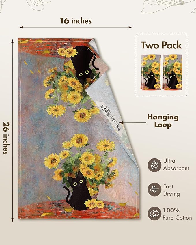 Miss Adola Flour Sack Kitchen Towels - Set of 2 Cotton Dish Towels with Hanging Loop Decorative 18x26 Inch Absorbent Cute Design for Housewarming Gifts, Cat Blossom
