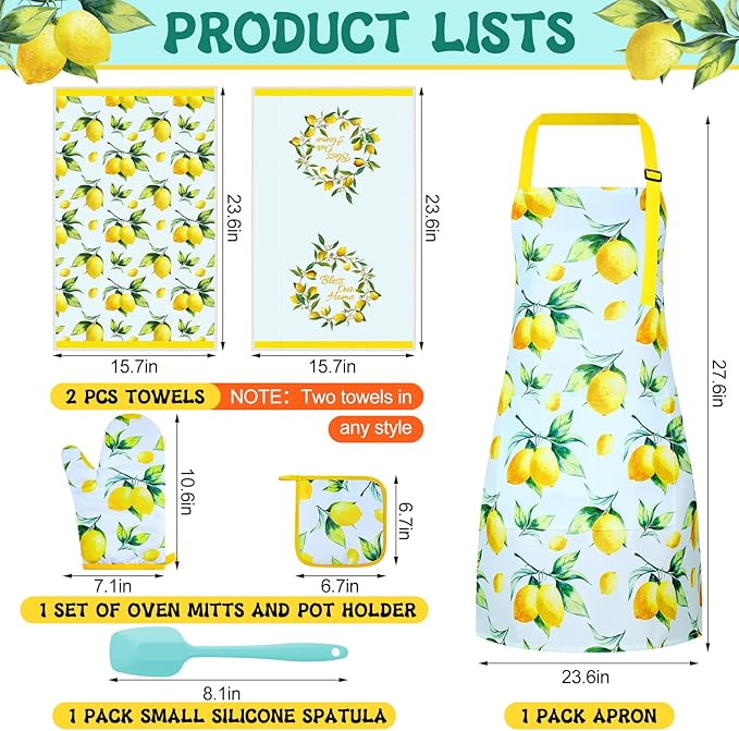 Hoolerry 6 Pcs Lemon Kitchen Accessories for Women Lemon Apron Dish Towels Oven Mitts and Pot Holders with Spatula for Women Wife Grandma Cooking Baking Gifts