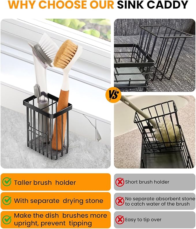 ARTLEO Kitchen Sink Caddy with Water Absorbent Diatomite Stone Sink Tray, Fast Drying Sink Organizer with High Dish Brush Holder Sponge Holder for Kitchen Sink, Stainless Steel