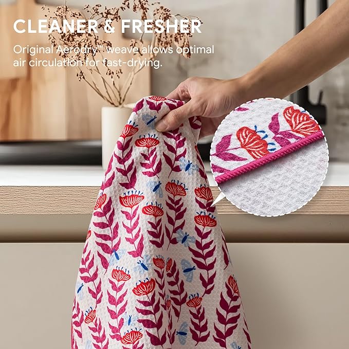 RECYCO Waffle Kitchen Towel Set of 2 - Quick Dry Microfiber Sustainable Dish Towels - Absorbent Reusable Cleaning Tea Towels - Lightweight Hand Towels,16”x 28”, Blossom Brilliance Pink
