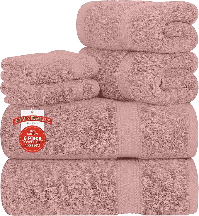 RIVERSIDE Luxury 6 Piece Towel Set, 2 Bath Towels, 2 Hand Towel, 2 Wash Cloths, 100% Cotton, 600 GSM Hotel Quality, Soft, Highly Absorbent Towels for Bathroom, Blush Pink Towel Sets