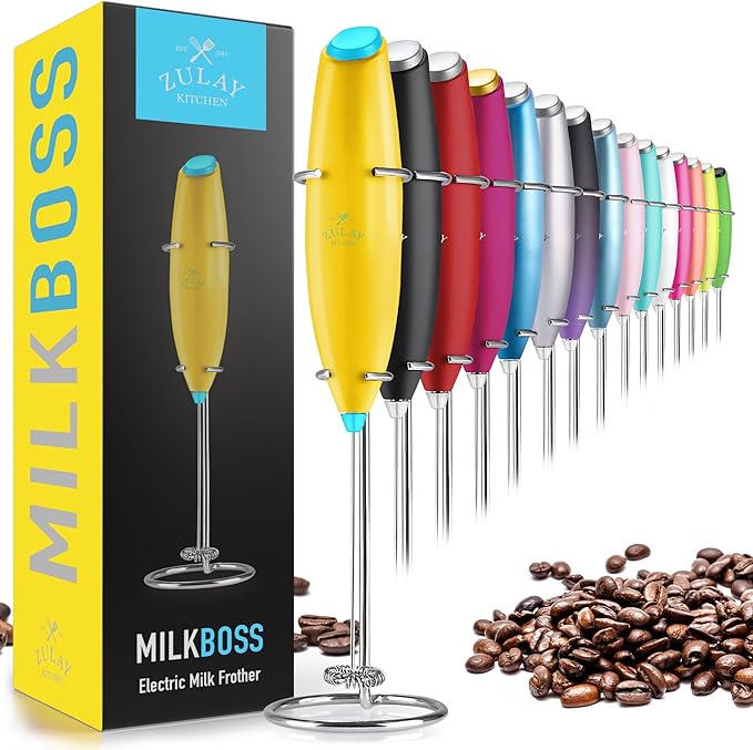 Zulay Kitchen Powerful Milk Frother Wand - Ultra Fast Handheld Drink Mixer - Electric Whisk Foam Maker for Coffee, Lattes, Cappuccino, Matcha & Creamer - Lemon Blue
