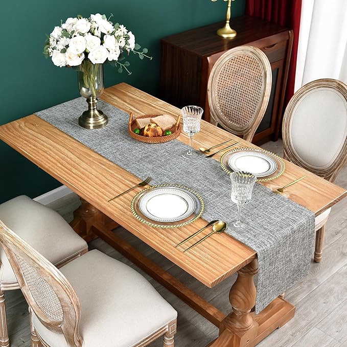 Farmhouse Rustic Faux Linen Table Runner Neutral Grey Table Runners Double Layer Reversible Rectangle Runners for Daily Use Kitchen Dining Banquet Holiday 13x60 Inch