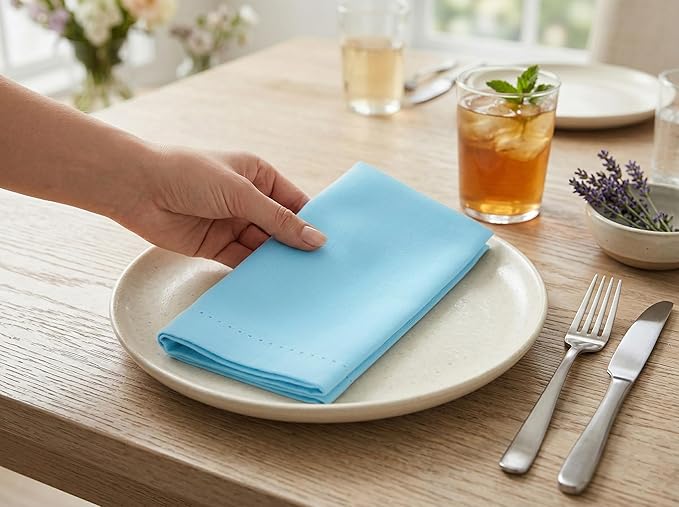 PurpleEssences Set of 12 Hemstitch Cloth Dinner Napkins 100% Cotton - Soft Durable Washable - Ideal for Wedding Spring Easter Summer - Perfect Everyday Use Table Linen 18x18 - Aqua Blue