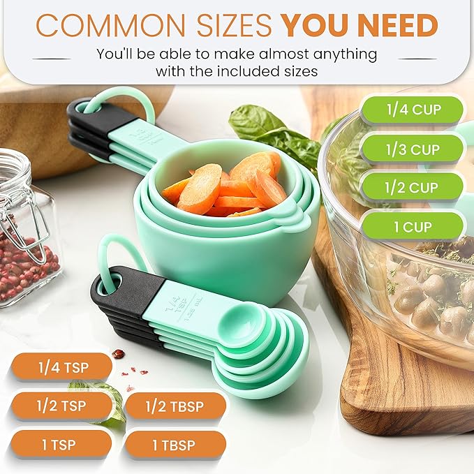 Spring Chef Mint Magnetic Measuring Cups and Spoons Set of 9, Stackable Plastic Kitchen Tool with Easy to Read Markings - Measure Dry or Liquid Ingredient for Baking & Cooking, BPA Free