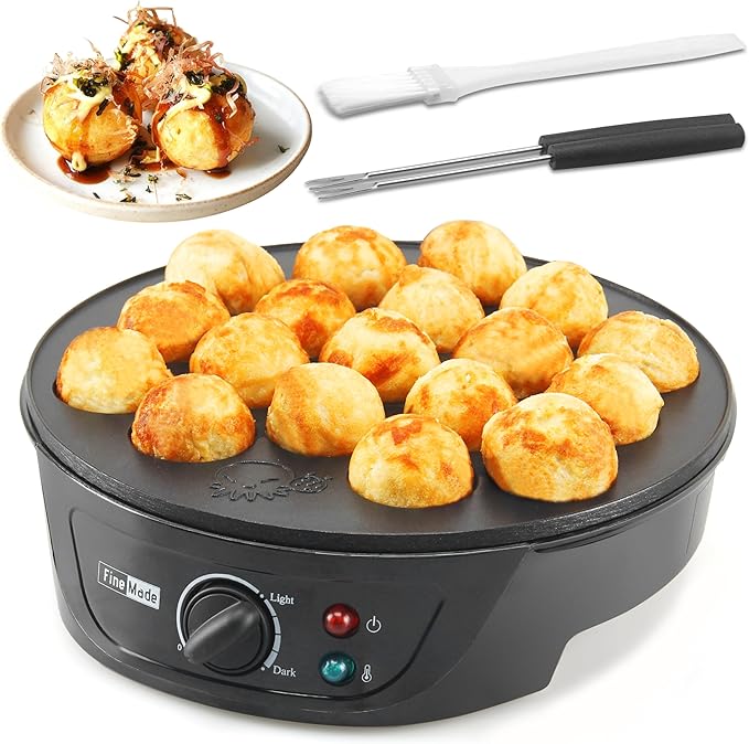 FineMade Takoyaki Maker Pan with Temperature Control, Tools and Recipes, Make 18 Japanese Octopus Balls at once, Easy to Use and Store