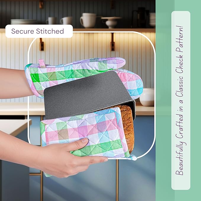 Native Fab 4 Piece Set - Gingham Check 2 Oven Mitts & 2 Potholders, Heat Resistant, 100% Cotton, Quilted Design, Non-Slip Grip, Ideal for Baking, Cooking, BBQ, Kitchen Protection, Multicolor