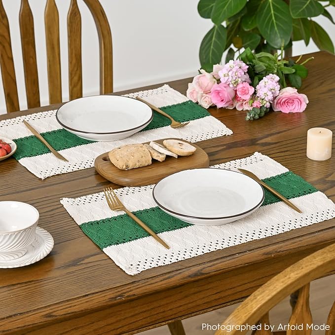Artoid Mode Dark Green Farmhouse Rustic Placemats Set of 6,12x18 Inch Seasonal Holiday Hollow Table Mats Party Kitchen Dining Decoration