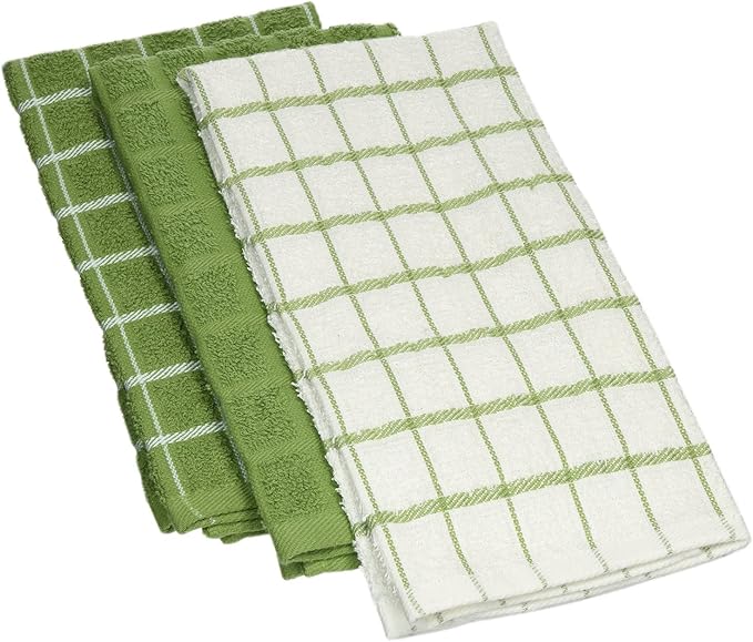 Ritz Premium 100% Cotton Terry Check Kitchen Dish Towels - Highly Absorbent, Super Soft, Long-Lasting, 25"x15", 3-Pack, Cactus Green