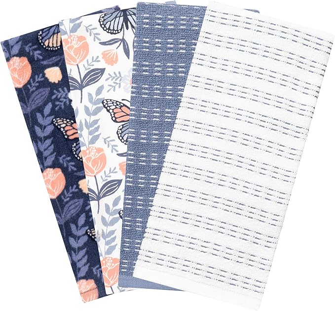 Ritz 100% Cotton Kitchen Towels, Butterfly Spring – 16"x26" – Absorbent Dish Towels for Drying & Cleaning – Soft & Durable (Set of 4)