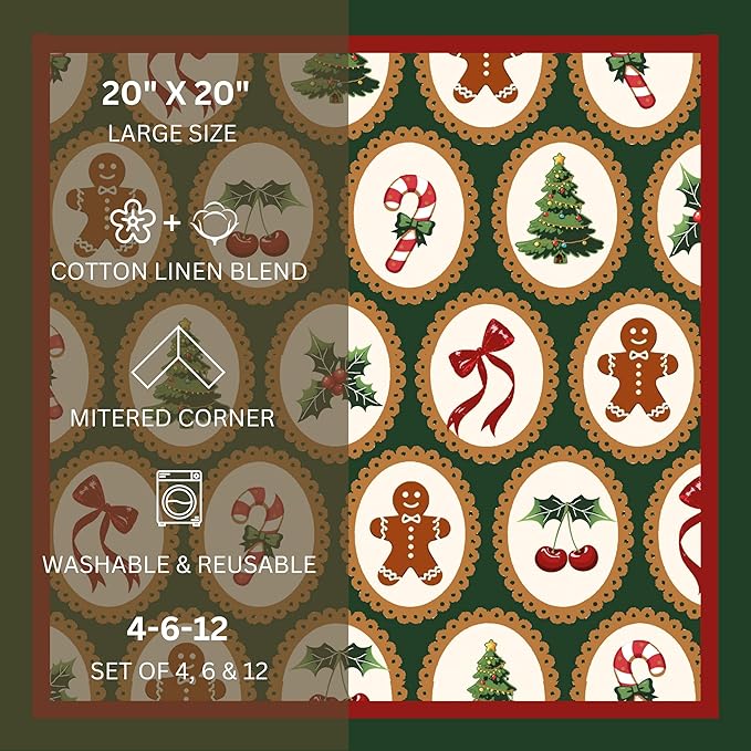FINGERCRAFT Cloth Napkins, Set of 12 Cotton Linen Blend Printed Dinner Napkins Cloth Mitered Corner Perfect for Parties Dinners Christmas 20x20 Vintage