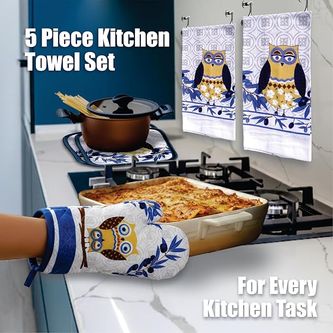 Lobyn Value Packs: Whimsical Blue Owl 5 Piece Kitchen Towel Set with 2 Decorative Dish Towels (25 X15), 1 Oven Mitt (11 X 7) and 2 Potholders (6.5 X 6.5)