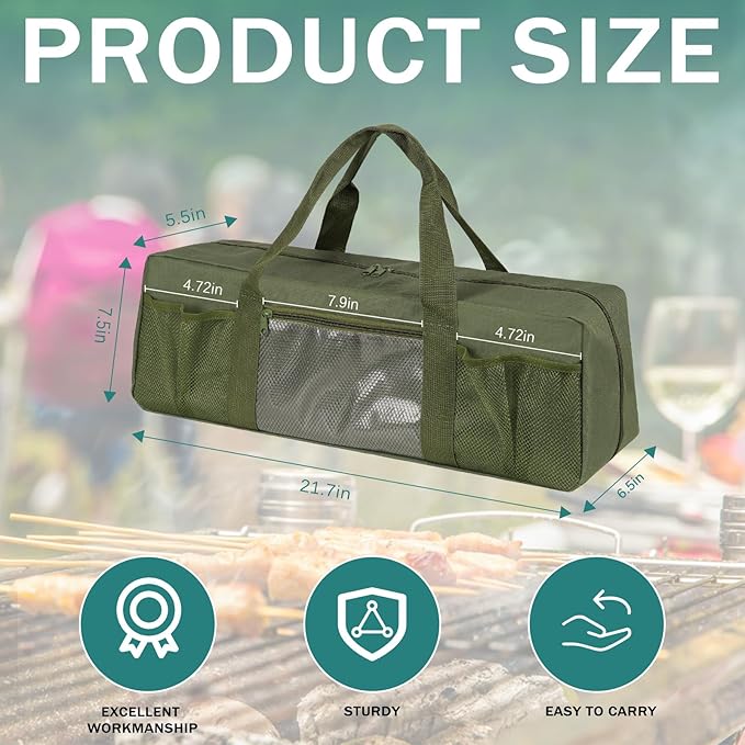 Grill Tool Storage Bag, Large Grill Utensil Storage Caddy with Pockets, BBQ Tools Storage Bag for Outdoor Camping (Green)