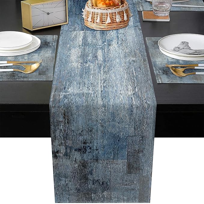ArtSocket Farmhouse Table Runner and Placemats Set of 6, Abstract Blue Grey Gray Vintage Painting Art Dining Decor for Daily Use(1 Table Runner 72 inches Long and 6 Placemats)