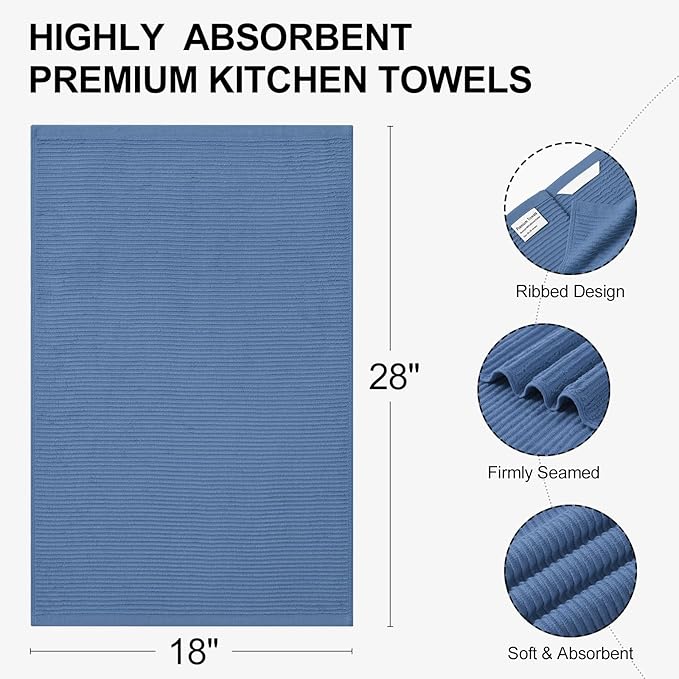 Homaxy Premium Kitchen Towels (18"x 28", 6 Pack), Large 100% Cotton Kitchen Hand Towels, Ultra Absorbent Ribbed Terry Tea Towels Set with Hanging Loop, Black