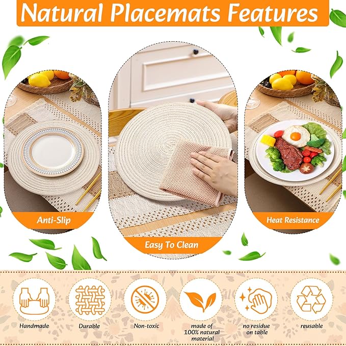 6 Sets Boho Place Mats Set Round Woven Placemats, Cloth Napkins, Wood Bead Napkin Rings, White Table Runner with Tassel and Farmhouse Rustic Placemats Cotton Burlap for Kitchen Table (Style 2)