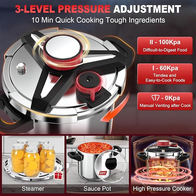 18/8 Stainless Steel Pressure Cooker 12 Quart, [One-Hand Locking] Olla de Presion, [3-In-1] Pressure Canner, Induction Compatible, Gas Stovetop Compatible,Includes Glass Lid & Steamer Rack