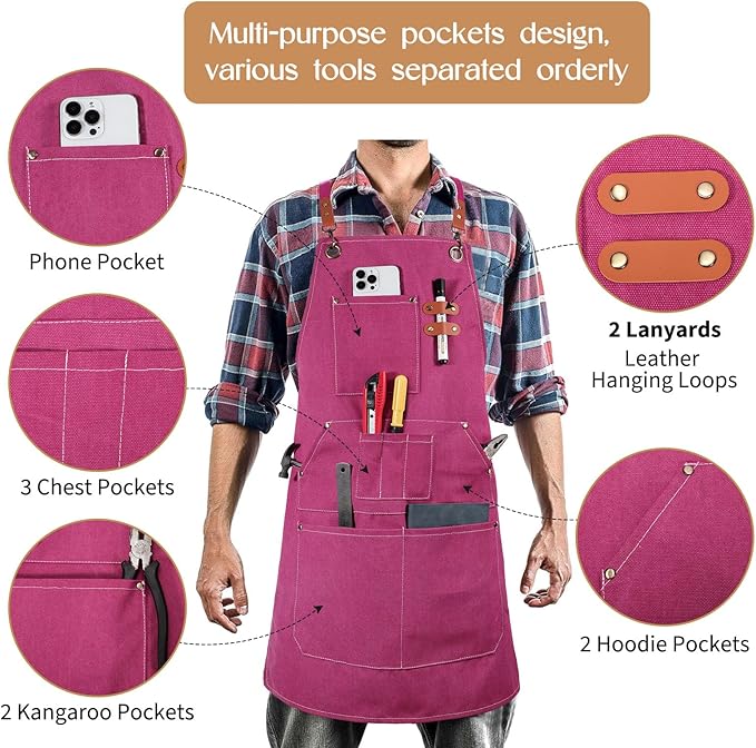 Work Aprons for Men Women with 9 Pockets Chef Apron 14oz Cotton Canvas Cross Back Aprons Heavy Duty Apron Pink Tool Apron for Woodworkers Kitchen Cooking Apron Waterproof Apron Size M to XXL