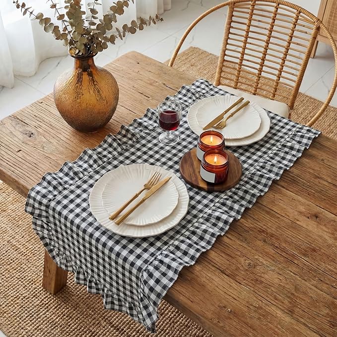 HunnmingRe 1 Pcs White and Black Plaid Gingham Ruffle Table Runner 72 x 13.8'' Farmhouse Buffalo Table Runner 100% Cotton Scalloped Long Dresser Scarves for Dining Room, Kitchen Rustic Home Decor