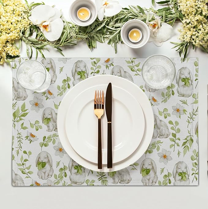 Easter Bunny Rabbits Placemats Set of 4 Easter Spring Green Leaves Flroal Dining Table Placemats 12x18 Inch Heat Resistant Washable Table Mats for Kitchen Dining Holiday Indoor